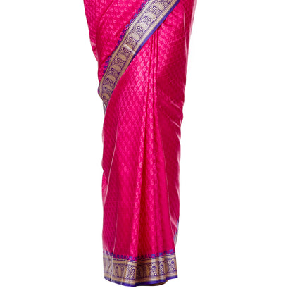 Faishana Presents Pink Satin Silk Floral Booti Saree with Contrast Paisley Pallu and Violet Blouse Piece