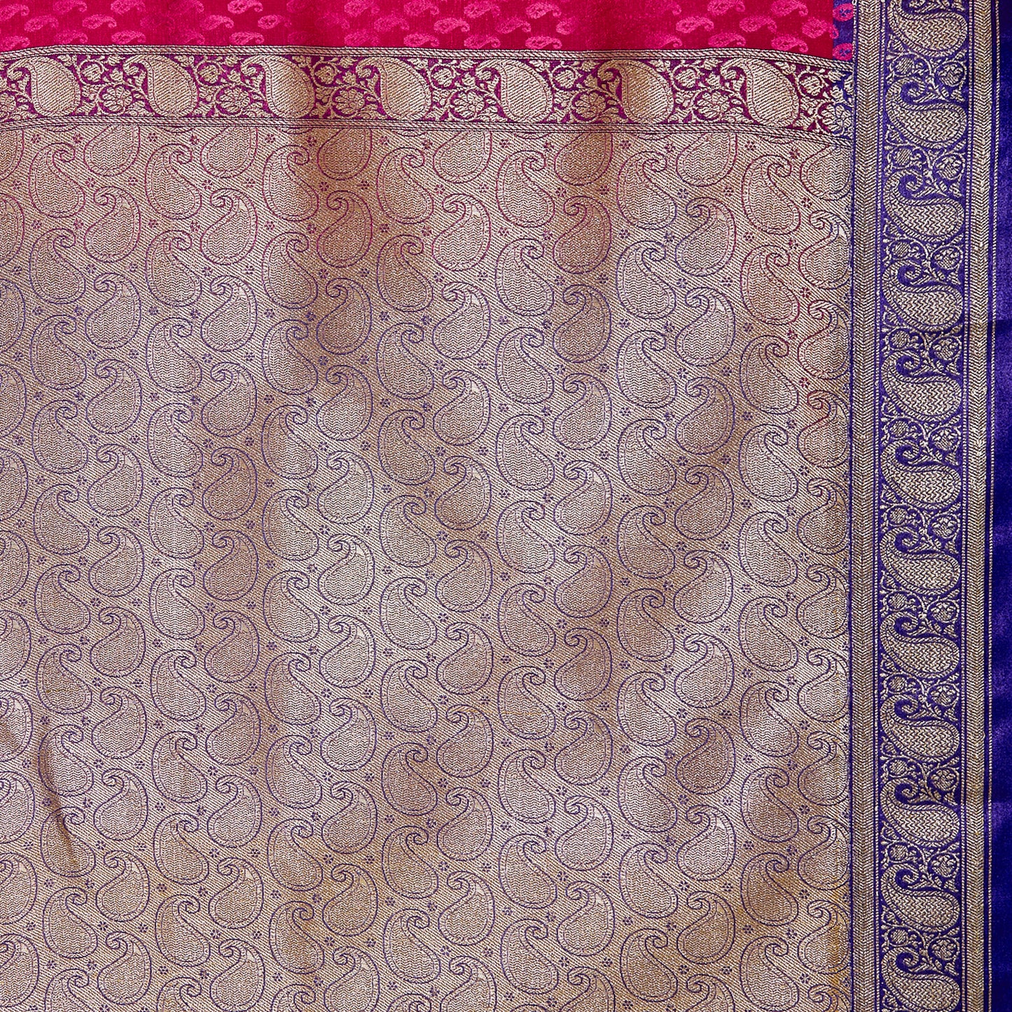 Faishana Presents Pink Satin Silk Floral Booti Saree with Contrast Paisley Pallu and Violet Blouse Piece