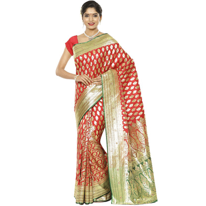Faishana Presents Red Mughal Motif Heavy Satin Silk Banarasi Saree With Blouse Piece