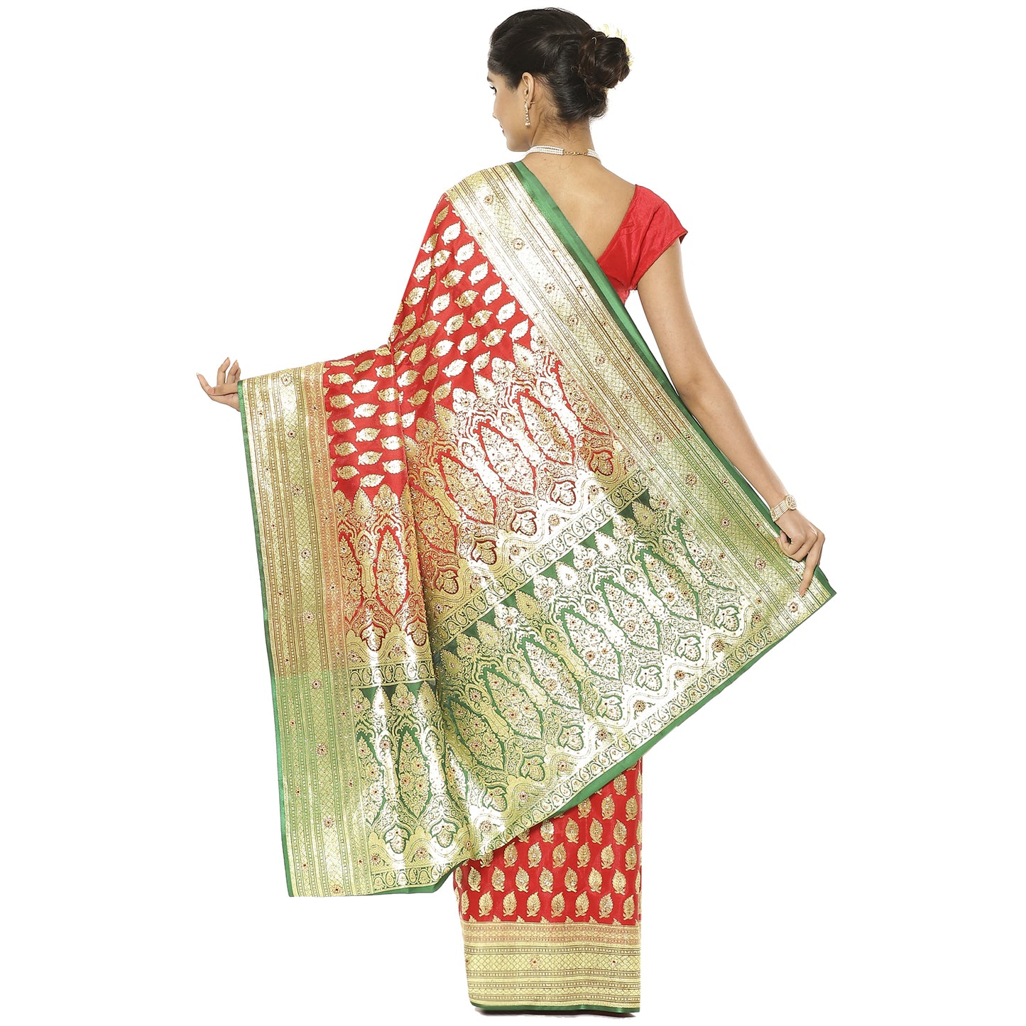 Faishana Presents Red Mughal Motif Heavy Satin Silk Banarasi Saree With Blouse Piece