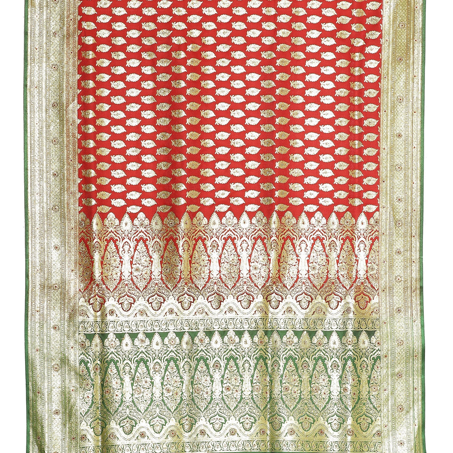 Faishana Presents Red Mughal Motif Heavy Satin Silk Banarasi Saree With Blouse Piece