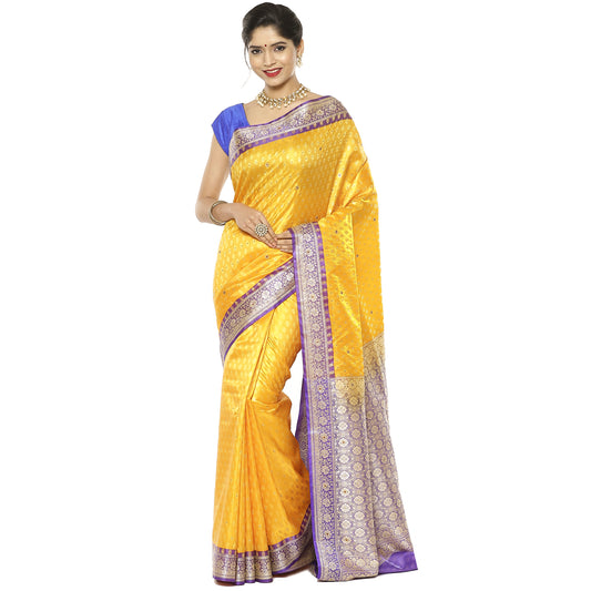 Faishana Presents Gold Tanchoi Stone Contrast Blue Border Art Silk Banarasi Saree With Blouse Piece