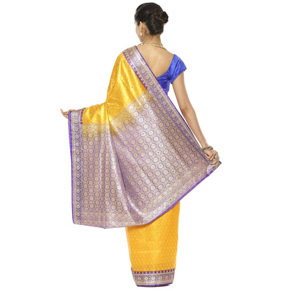 Faishana Presents Gold Tanchoi Stone Contrast Blue Border Art Silk Banarasi Saree With Blouse Piece