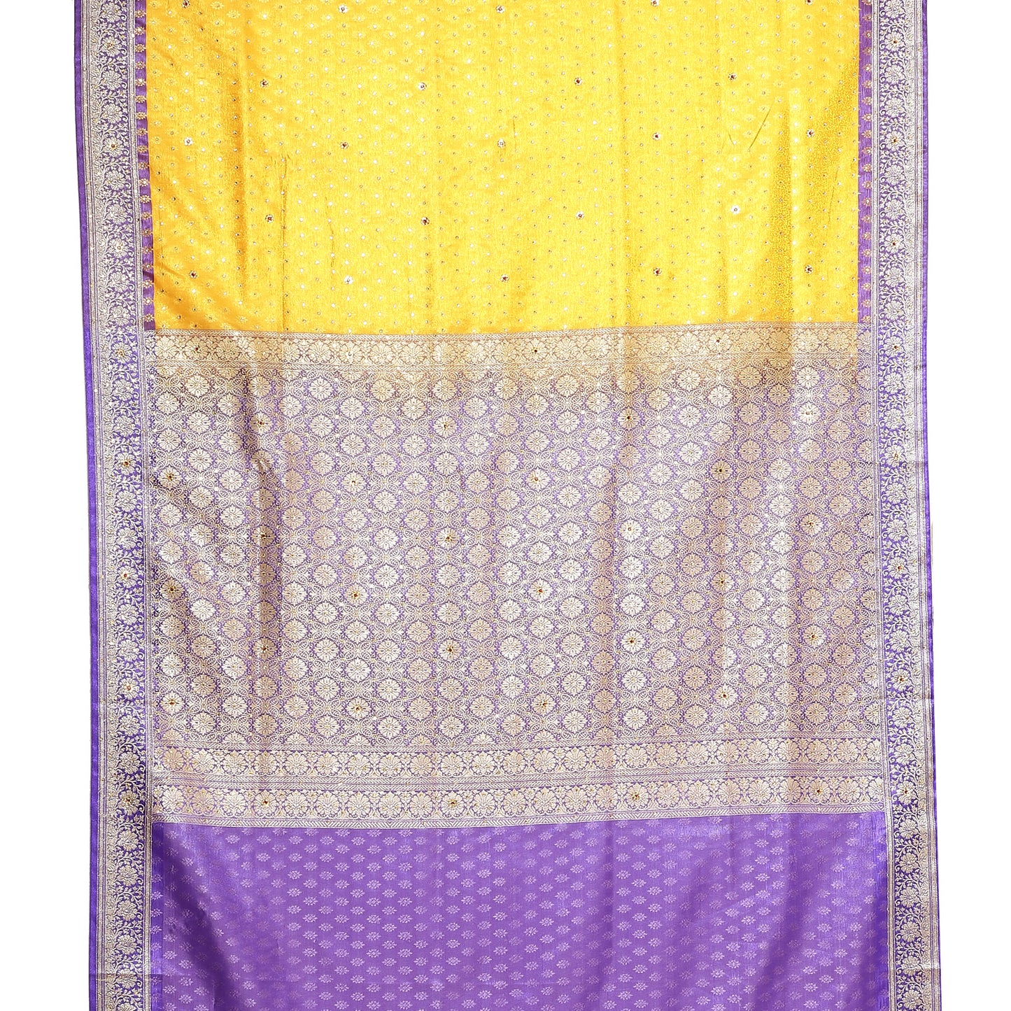 Faishana Presents Gold Tanchoi Stone Contrast Blue Border Art Silk Banarasi Saree With Blouse Piece