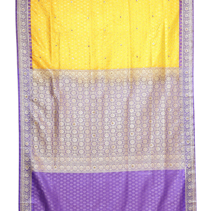 Faishana Presents Gold Tanchoi Stone Contrast Blue Border Art Silk Banarasi Saree With Blouse Piece