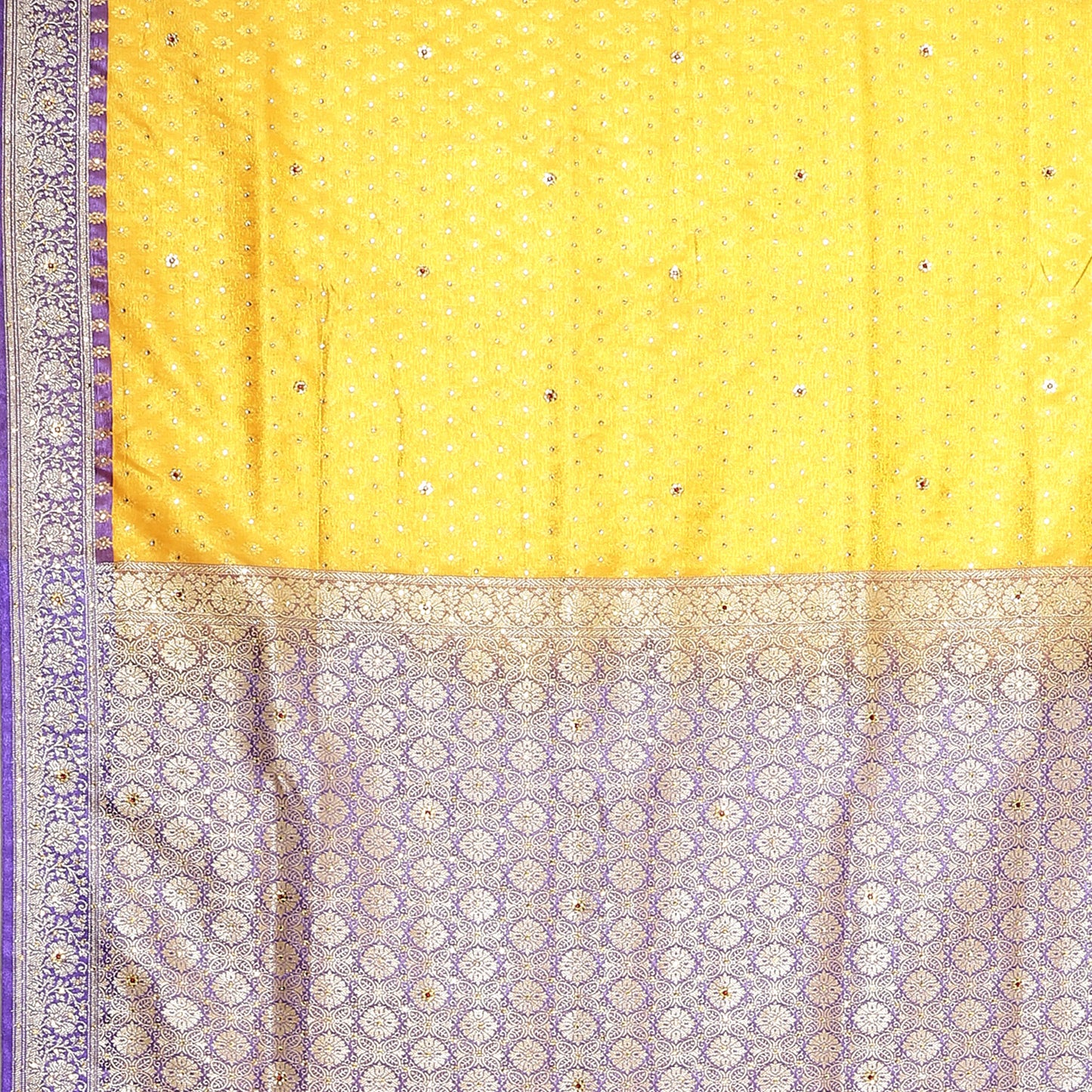 Faishana Presents Gold Tanchoi Stone Contrast Blue Border Art Silk Banarasi Saree With Blouse Piece