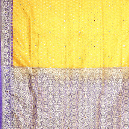 Faishana Presents Gold Tanchoi Stone Contrast Blue Border Art Silk Banarasi Saree With Blouse Piece