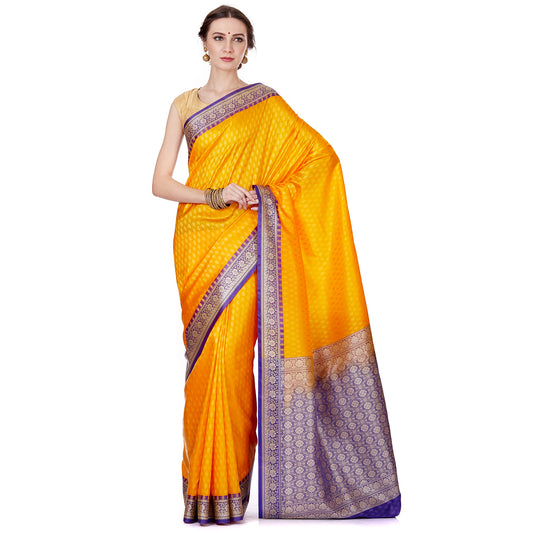 Faishana Presents Yellow Satin Silk Floral Booti Saree with Contrast Paisley Pallu and Violet Blouse Piece
