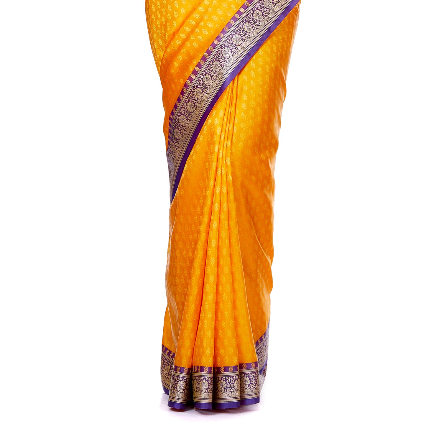 Faishana Presents Yellow Satin Silk Floral Booti Saree with Contrast Paisley Pallu and Violet Blouse Piece