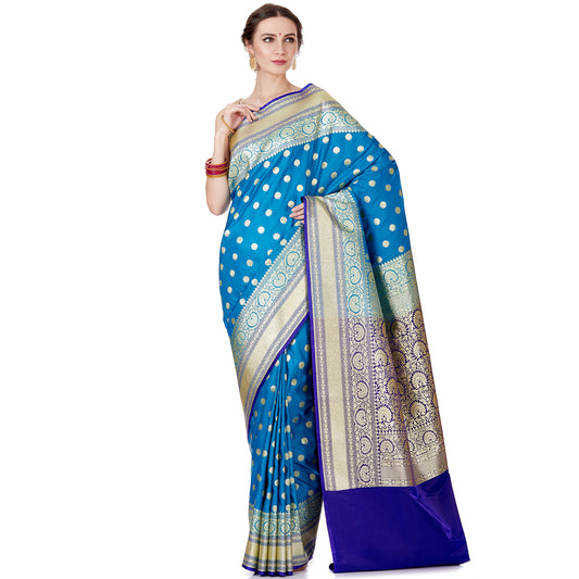 Faishana Presents Turqouise Blue Satin Silk Saree With Blouse Piece(JA37 BLUE Free Size)