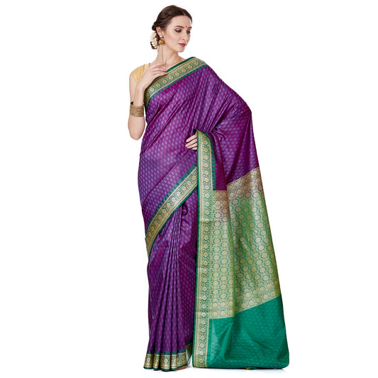 Faishana Presents Purple Satin Silk Floral Booti Saree with Contrast Green Floral Pallu and Green Blouse Piece