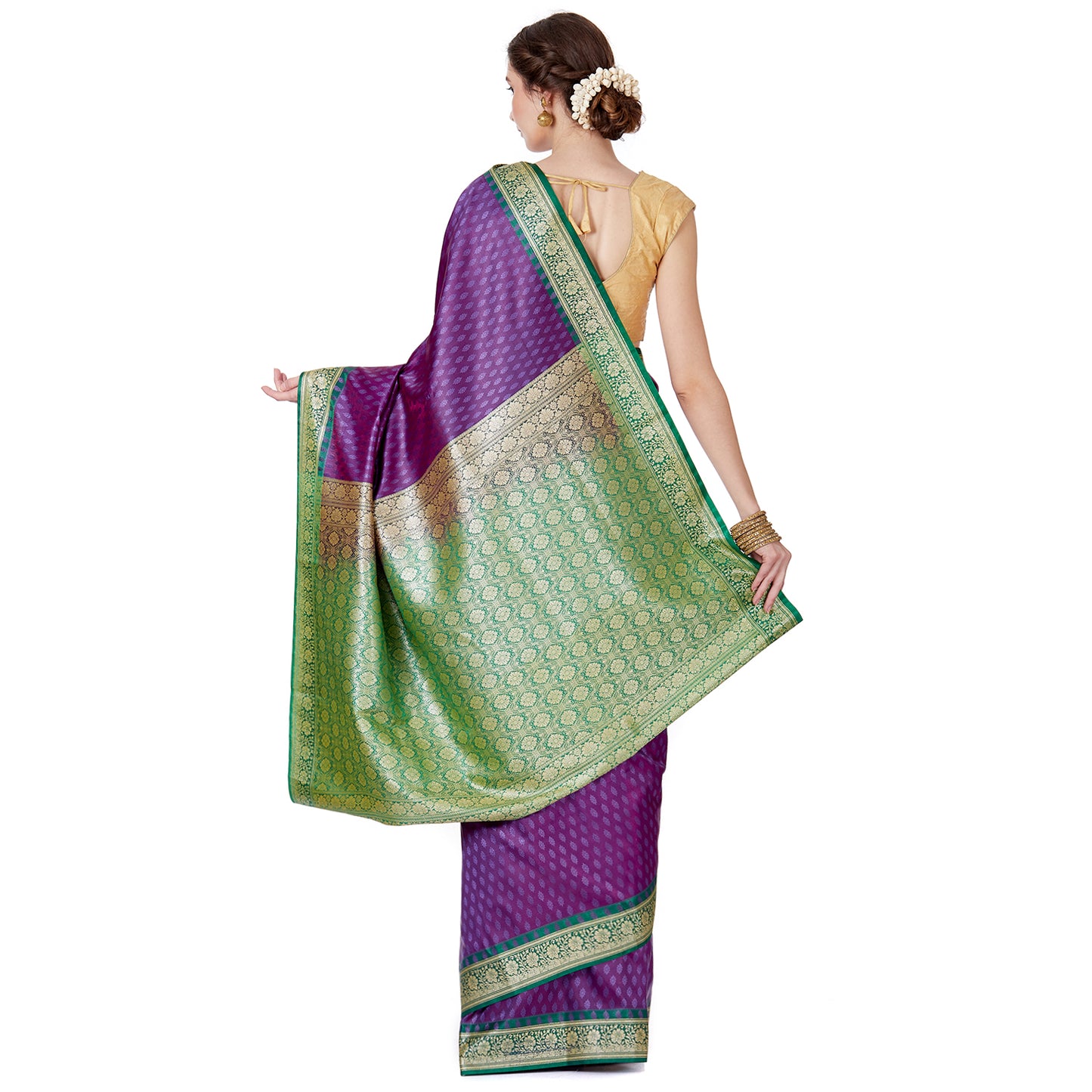 Faishana Presents Purple Satin Silk Floral Booti Saree with Contrast Green Floral Pallu and Green Blouse Piece
