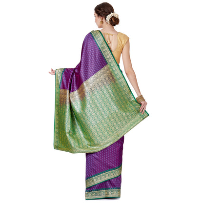 Faishana Presents Purple Satin Silk Floral Booti Saree with Contrast Green Floral Pallu and Green Blouse Piece