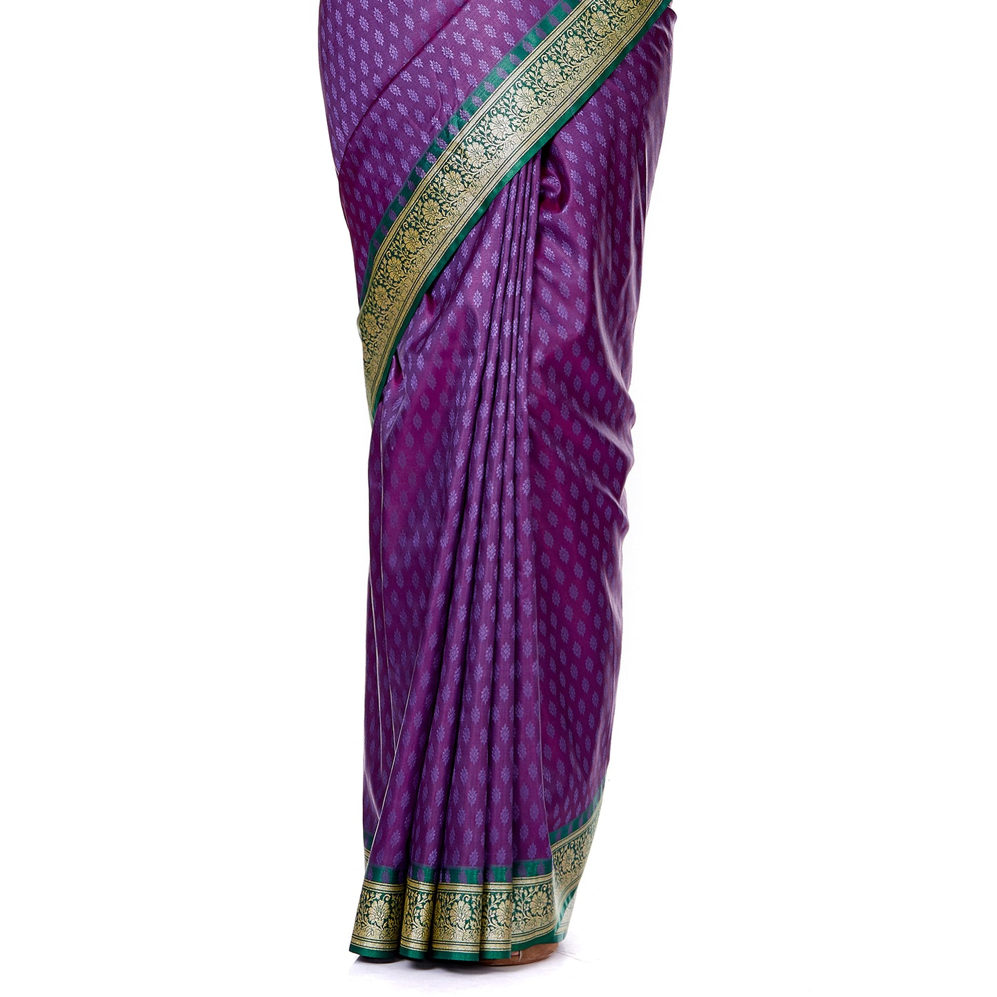 Faishana Presents Purple Satin Silk Floral Booti Saree with Contrast Green Floral Pallu and Green Blouse Piece
