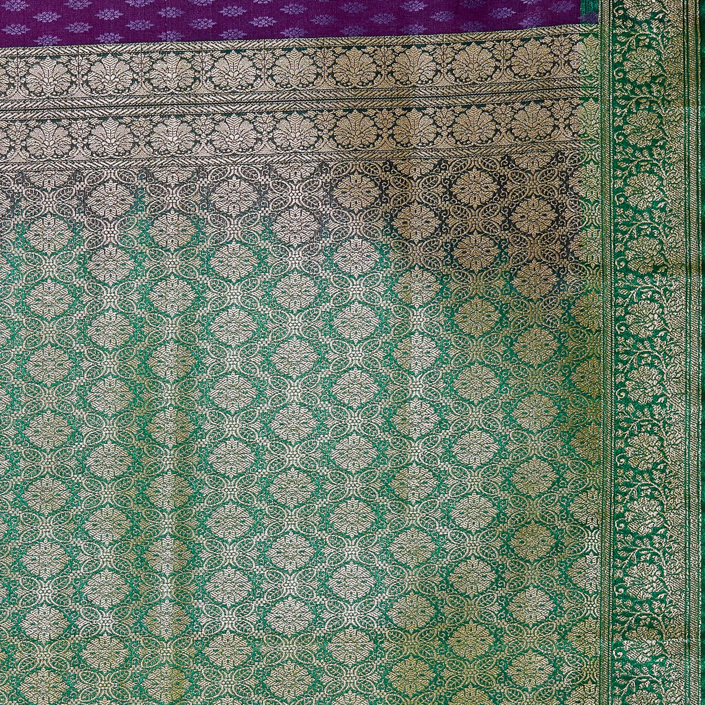Faishana Presents Purple Satin Silk Floral Booti Saree with Contrast Green Floral Pallu and Green Blouse Piece