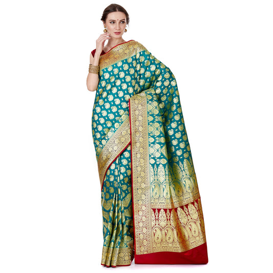 Faishana Presents Green Satin Silk Zari Boota Banarasi Saree with Contrast Maroon Pallu and Maroon Blouse Piece