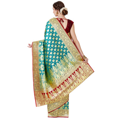 Faishana Presents Green Satin Silk Zari Boota Banarasi Saree with Contrast Maroon Pallu and Maroon Blouse Piece