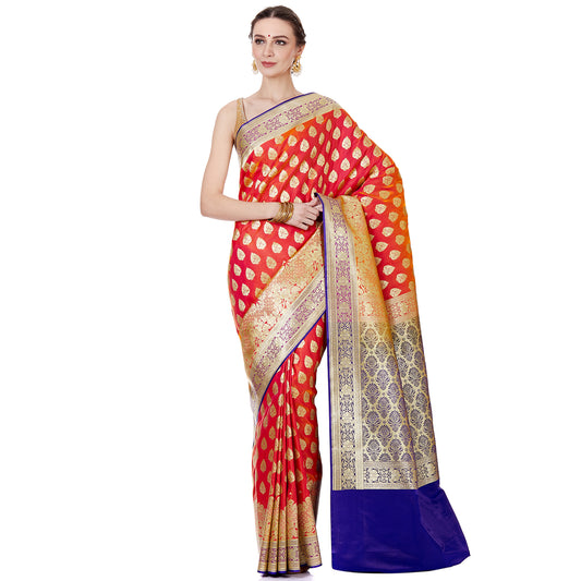 Faishana Presents Red Satin Silk Gold Zari Booti Saree Skirt Floral Zari Border with Contrast Blue Boota Pallu and Blue Blouse Piece