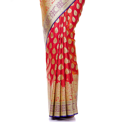 Faishana Presents Red Satin Silk Gold Zari Booti Saree Skirt Floral Zari Border with Contrast Blue Boota Pallu and Blue Blouse Piece