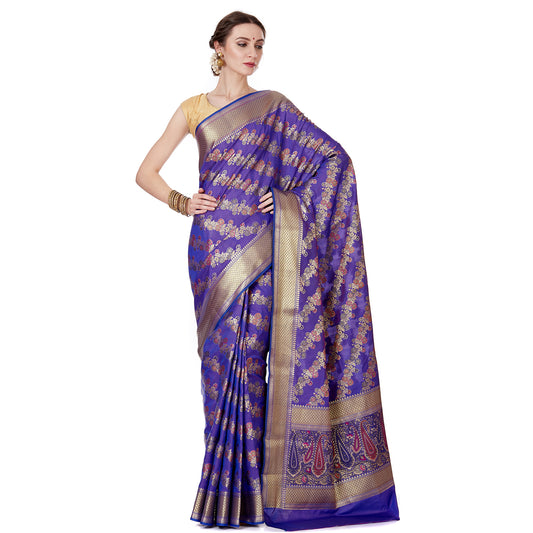 Faishana Presents Purple Satin Silk Floral Minakari Zari Stripe Saree with Paisley Minakari Pallu and Purple Blouse Piece