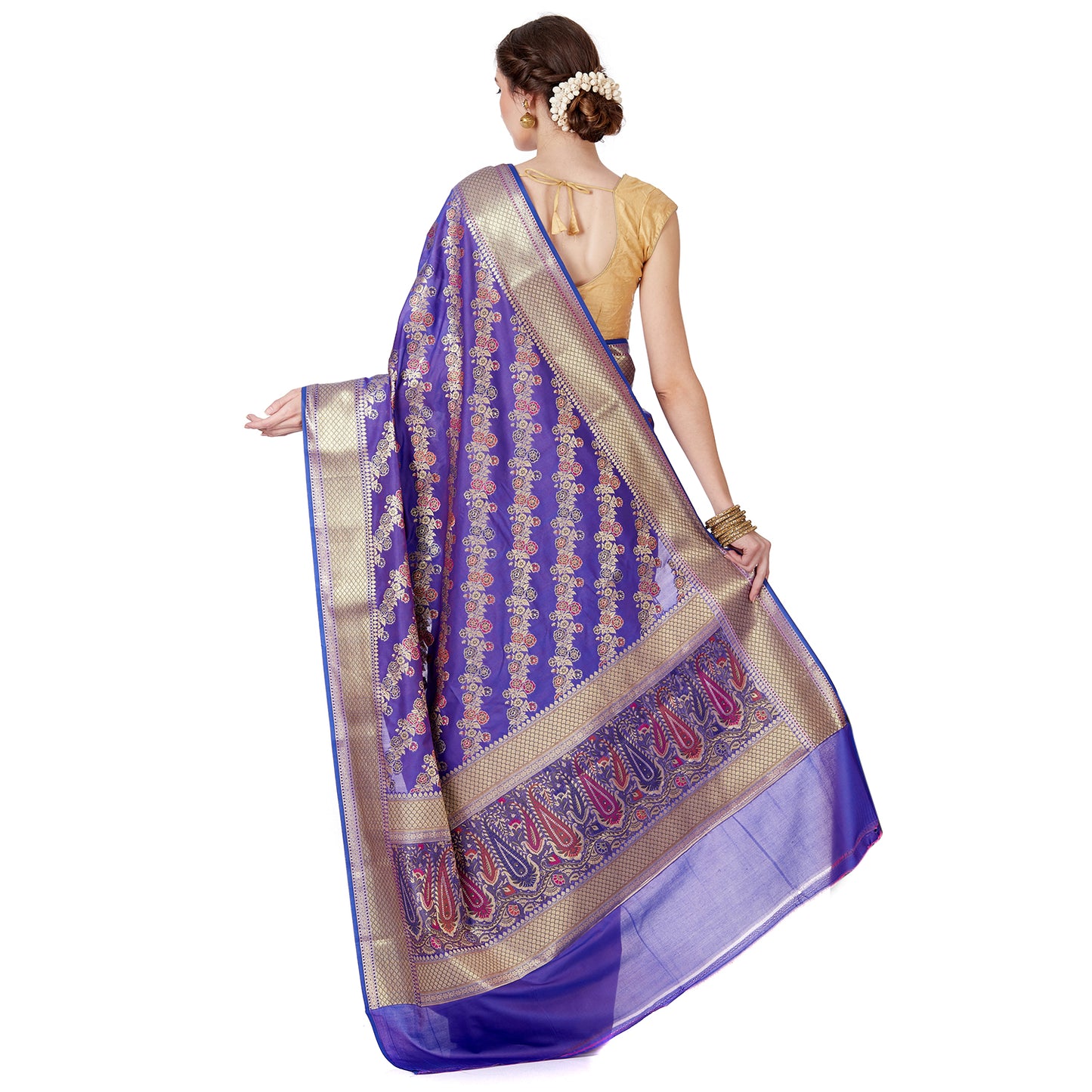 Faishana Presents Purple Satin Silk Floral Minakari Zari Stripe Saree with Paisley Minakari Pallu and Purple Blouse Piece