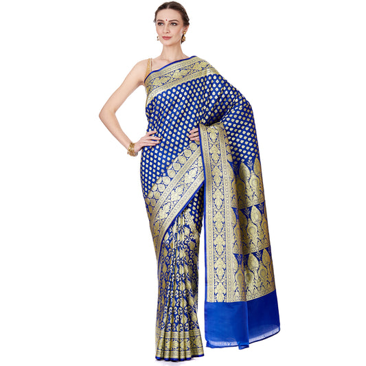 Faishana Presents Blue Satin Silk Floral Zari Booti Skirt Banarasi Zari Border Saree with Blue Blouse Piece