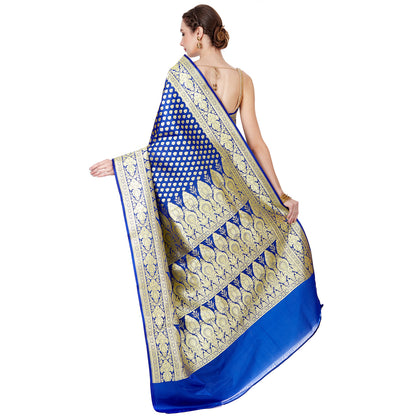 Faishana Presents Blue Satin Silk Floral Zari Booti Skirt Banarasi Zari Border Saree with Blue Blouse Piece