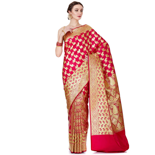 Faishana Presents Pink Satin Silk Floral Zari Booti Skirt Zari Border Banarasi Saree with Pink Blouse Piece
