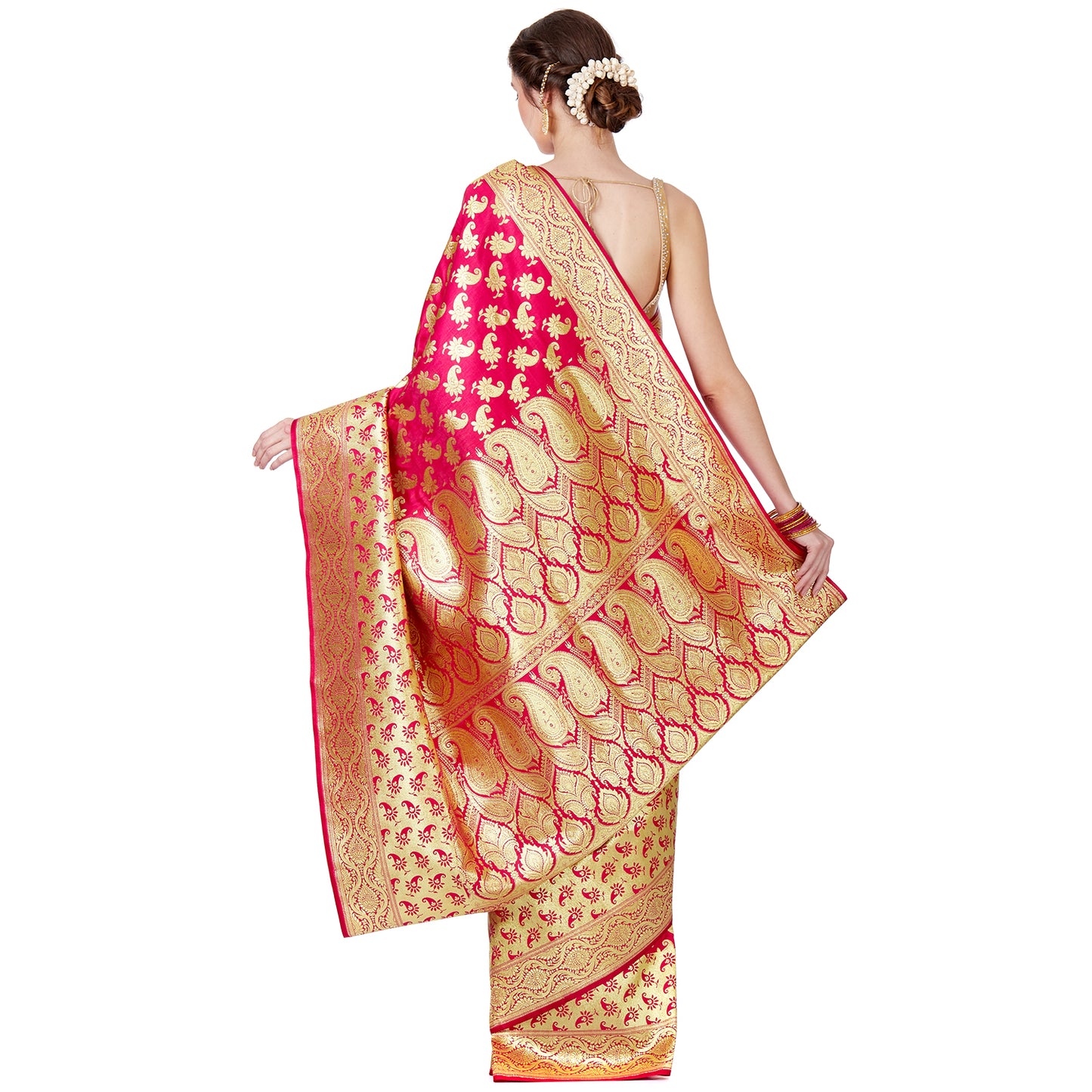Faishana Presents Pink Satin Silk Floral Zari Booti Skirt Zari Border Banarasi Saree with Pink Blouse Piece