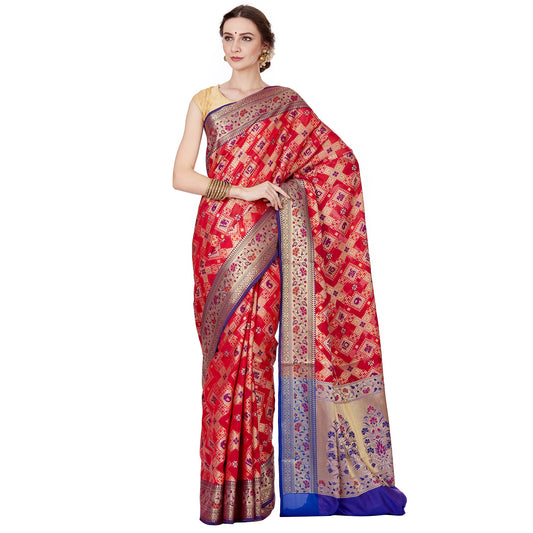 Faishana Presents Red Satin Silk Zig-Zag Zari Stripe Minakari Saree with Contrast Blue Paithani Pallu And Blue Blouse Piece