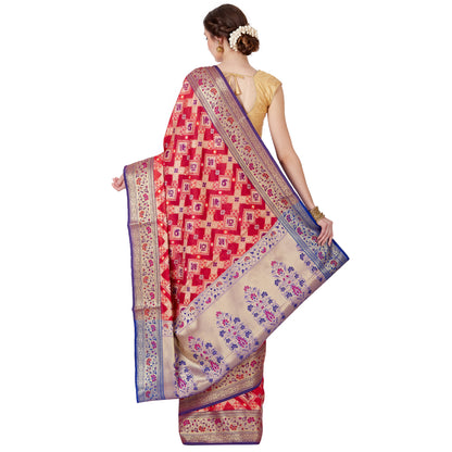 Faishana Presents Red Satin Silk Zig-Zag Zari Stripe Minakari Saree with Contrast Blue Paithani Pallu And Blue Blouse Piece