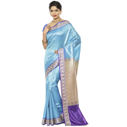 Faishana Presents Blue Tanchoi Stone Contrast Blue Border Art Silk Banarasi Saree With Blouse Piece