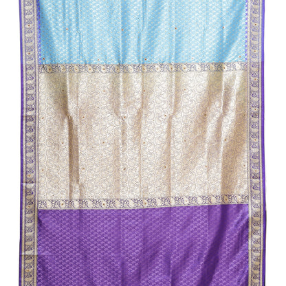 Faishana Presents Blue Satin Silk Floral Zari Booti Stone work with Skirt Banarasi Border Saree and Blue Blouse