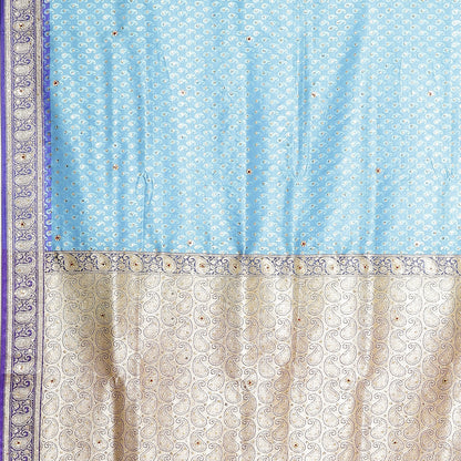 Faishana Presents Blue Satin Silk Floral Zari Booti Stone work with Skirt Banarasi Border Saree and Blue Blouse