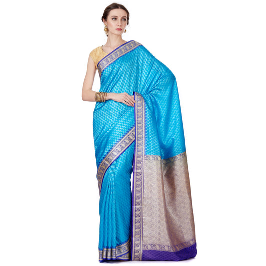 Faishana Presents Blue Satin Silk Floral Booti Saree with Contrast Paisley Pallu and Violet Blouse Piece