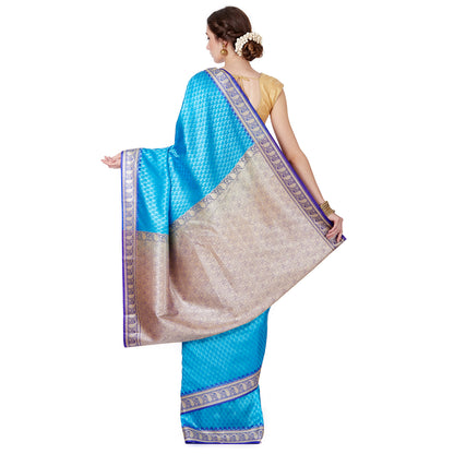 Faishana Presents Blue Satin Silk Floral Booti Saree with Contrast Paisley Pallu and Violet Blouse Piece