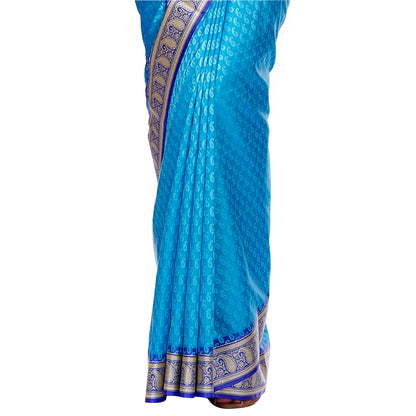 Faishana Presents Blue Satin Silk Floral Booti Saree with Contrast Paisley Pallu and Violet Blouse Piece
