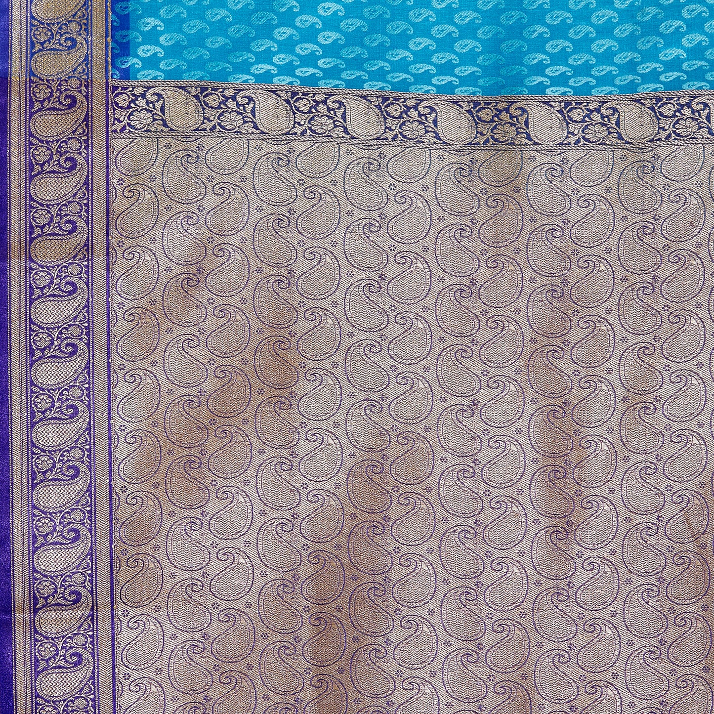 Faishana Presents Blue Satin Silk Floral Booti Saree with Contrast Paisley Pallu and Violet Blouse Piece