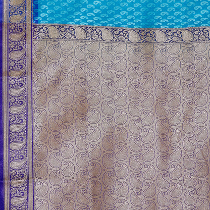 Faishana Presents Blue Satin Silk Floral Booti Saree with Contrast Paisley Pallu and Violet Blouse Piece