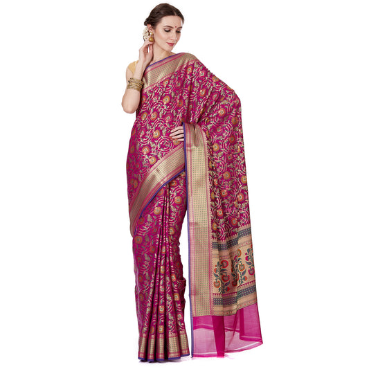 Faishana Presents Magenta Satin Silk Floral Minakari Zari Jaal Banarasi Saree with Paithani Pallu and Magenta Blouse Piece