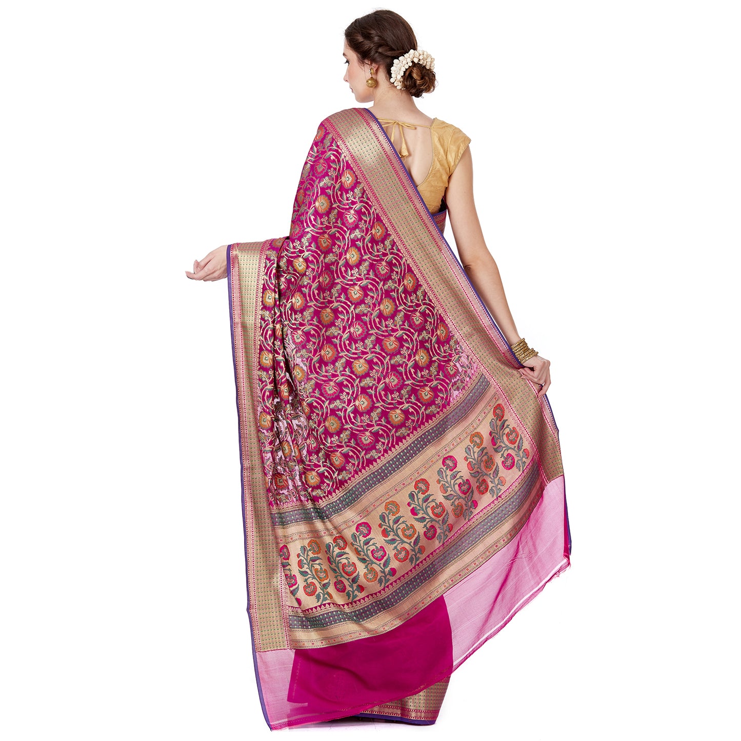 Faishana Presents Magenta Satin Silk Floral Minakari Zari Jaal Banarasi Saree with Paithani Pallu and Magenta Blouse Piece