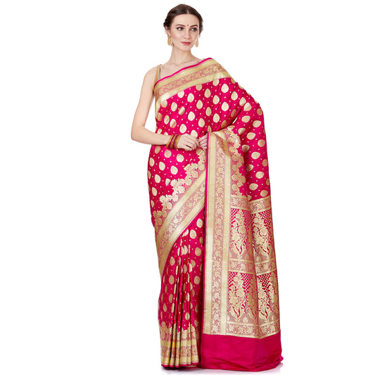 Faishana Presents Pink Satin Silk Floral Zari Chunri Booti Saree with Pink Floral Boota Pallu and Pink Blouse Piece