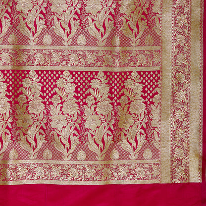 Faishana Presents Pink Satin Silk Floral Zari Chunri Booti Saree with Pink Floral Boota Pallu and Pink Blouse Piece