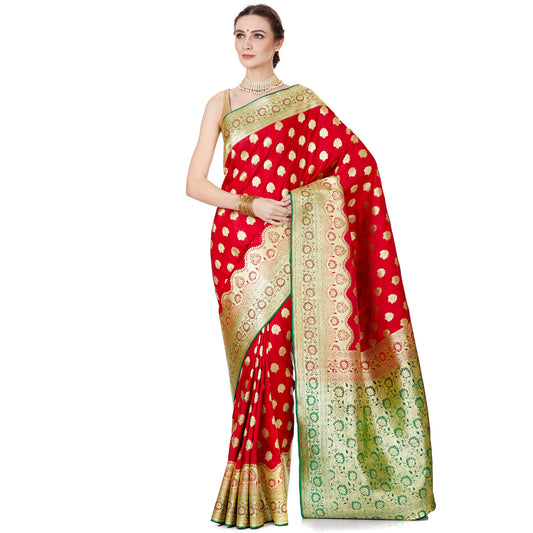 Faishana Presents Red Satin Silk Zari Booti Saree with Contrast Green Floral Jaal Pallu and Green Blouse Piece