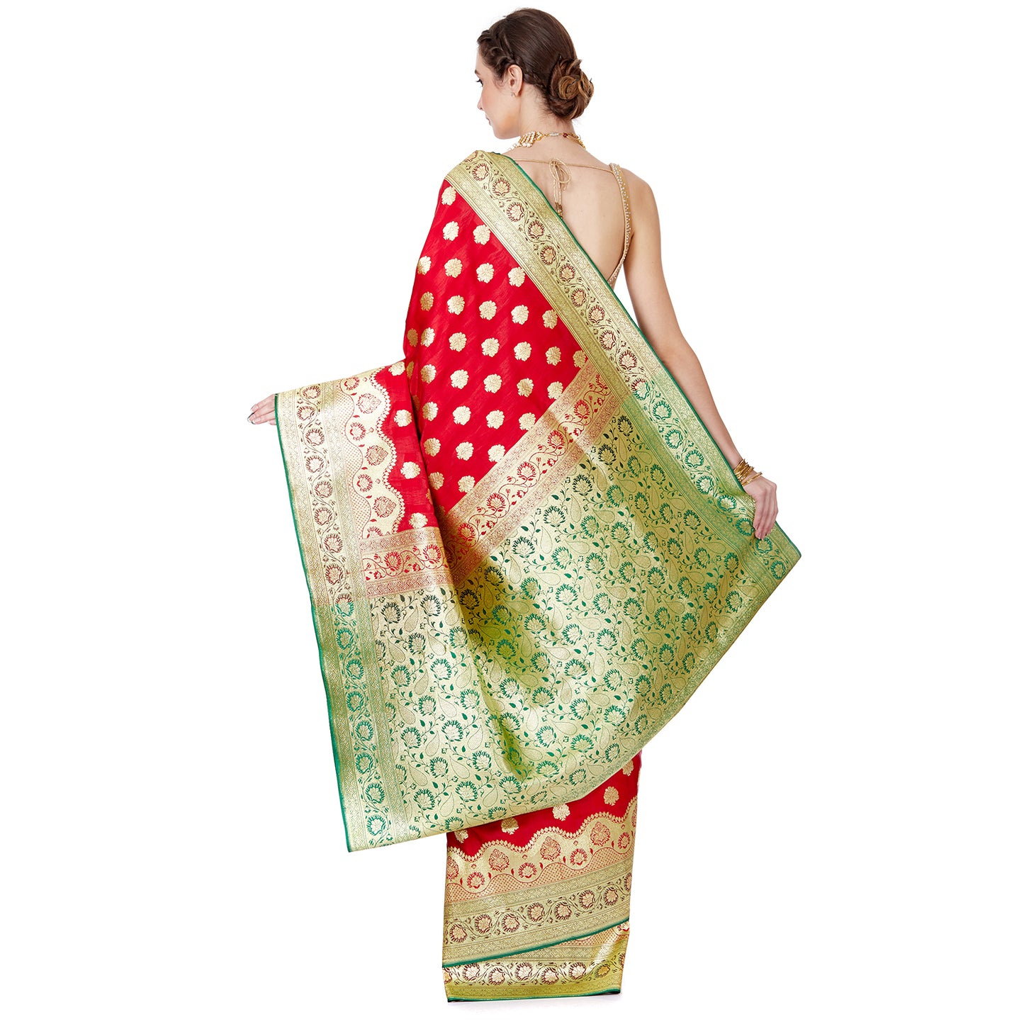 Faishana Presents Red Satin Silk Zari Booti Saree with Contrast Green Floral Jaal Pallu and Green Blouse Piece