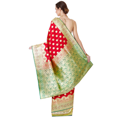 Faishana Presents Red Satin Silk Zari Booti Saree with Contrast Green Floral Jaal Pallu and Green Blouse Piece
