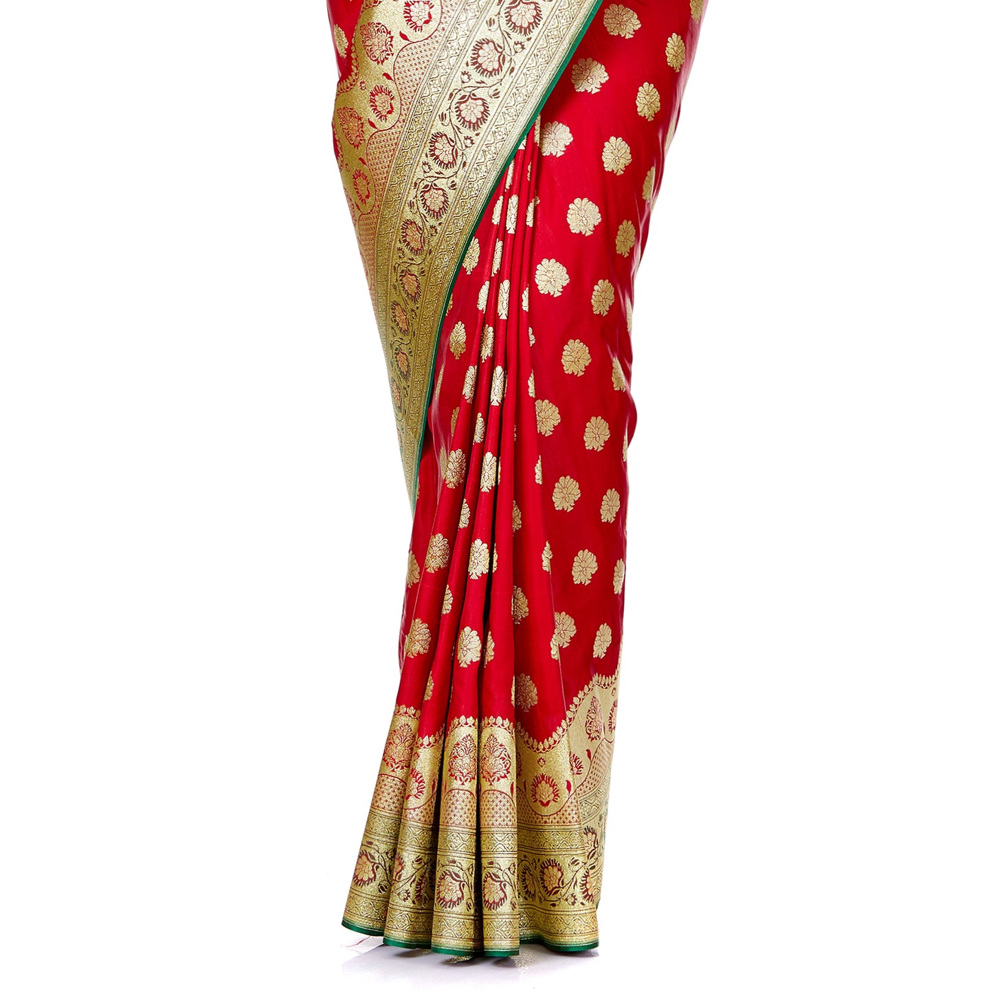 Faishana Presents Red Satin Silk Zari Booti Saree with Contrast Green Floral Jaal Pallu and Green Blouse Piece