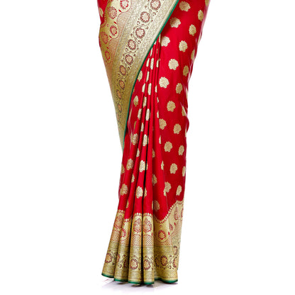 Faishana Presents Red Satin Silk Zari Booti Saree with Contrast Green Floral Jaal Pallu and Green Blouse Piece