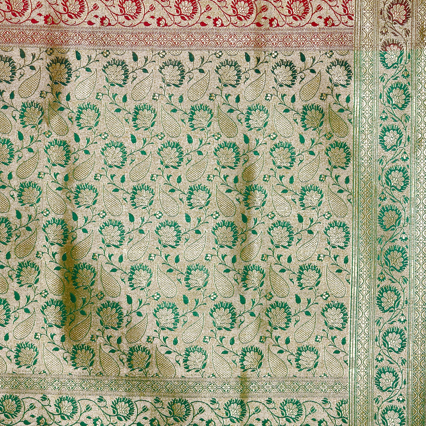 Faishana Presents Red Satin Silk Zari Booti Saree with Contrast Green Floral Jaal Pallu and Green Blouse Piece