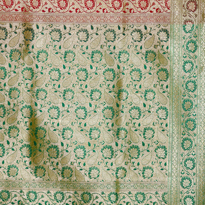Faishana Presents Red Satin Silk Zari Booti Saree with Contrast Green Floral Jaal Pallu and Green Blouse Piece